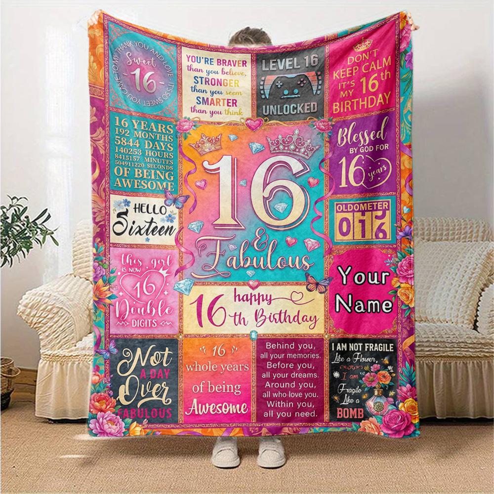 Happy 16Th Birthday Themed Blanket Personalized Name Soft Warm And Versatile For Sofa Bed Office And Travel Machine Washable Comfortable In All
