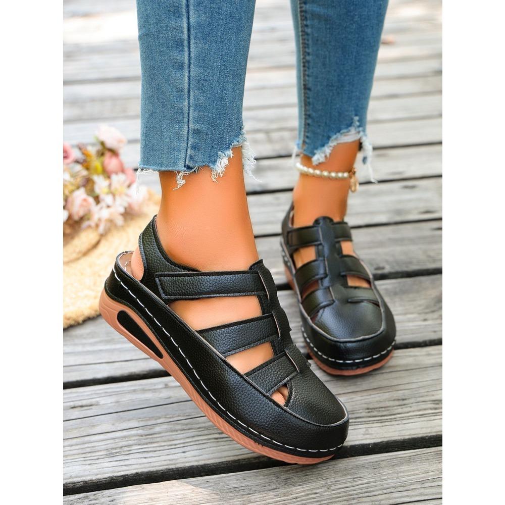 Women Platform Hollow Roman Sandals, Round Toe Wedge Heel Breathable Comfort Casual Shoes