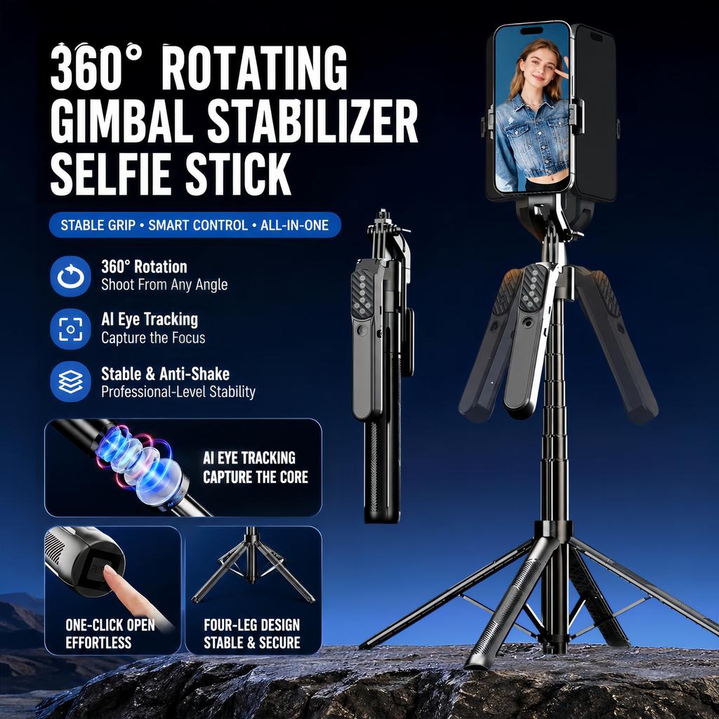 1.8M 360° AI Face Tracking Selfie Stick Tripod, Automatic Rotating Gimbal Phone Stand, Smart Follow Tripod for Vlog, Live Streaming, Video & Selfie