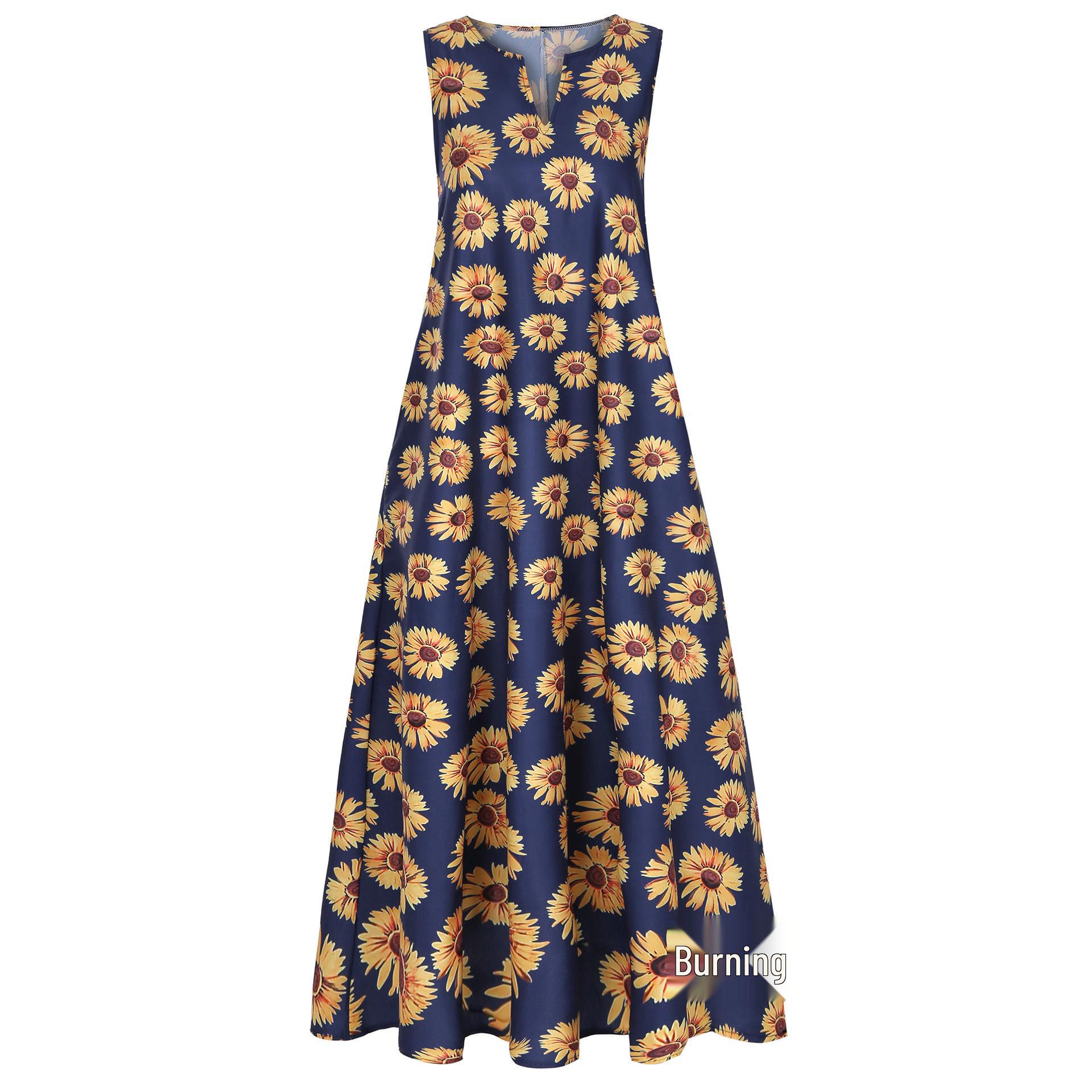 

Новое модное длинное платье без рукавов с крупным принтом хризантем 3XL темно-синий
