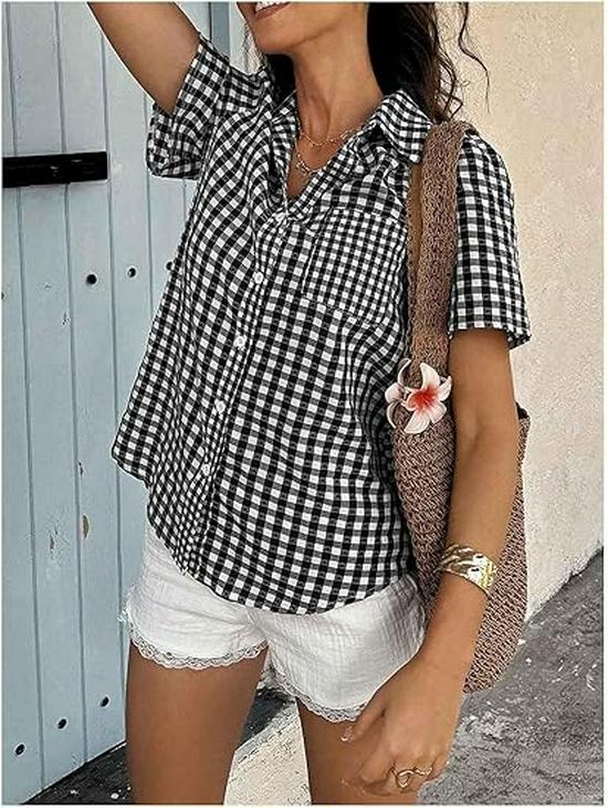 2026 Spring/Summer Women's Retro Plaid Loose Short-Sleeve Lapel Shirt