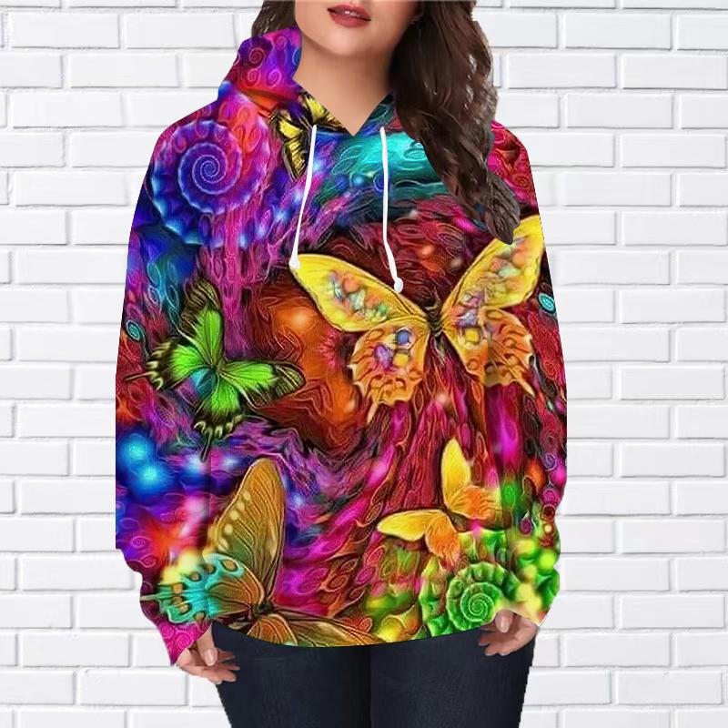 Женская мода Красная роза Бабочка Принт Свободные толстовки Топы Блузка Толстовка Повседневный длинный рукав Пуловер Топы 8XL разноцветный 1564₽