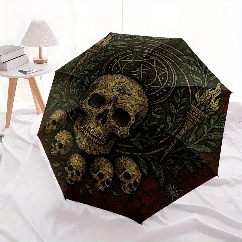 Skull and Laurel Wreath Circular Wall Art Umbrella, Portable 3-Fold Compact Umbrella for Men & Women R119