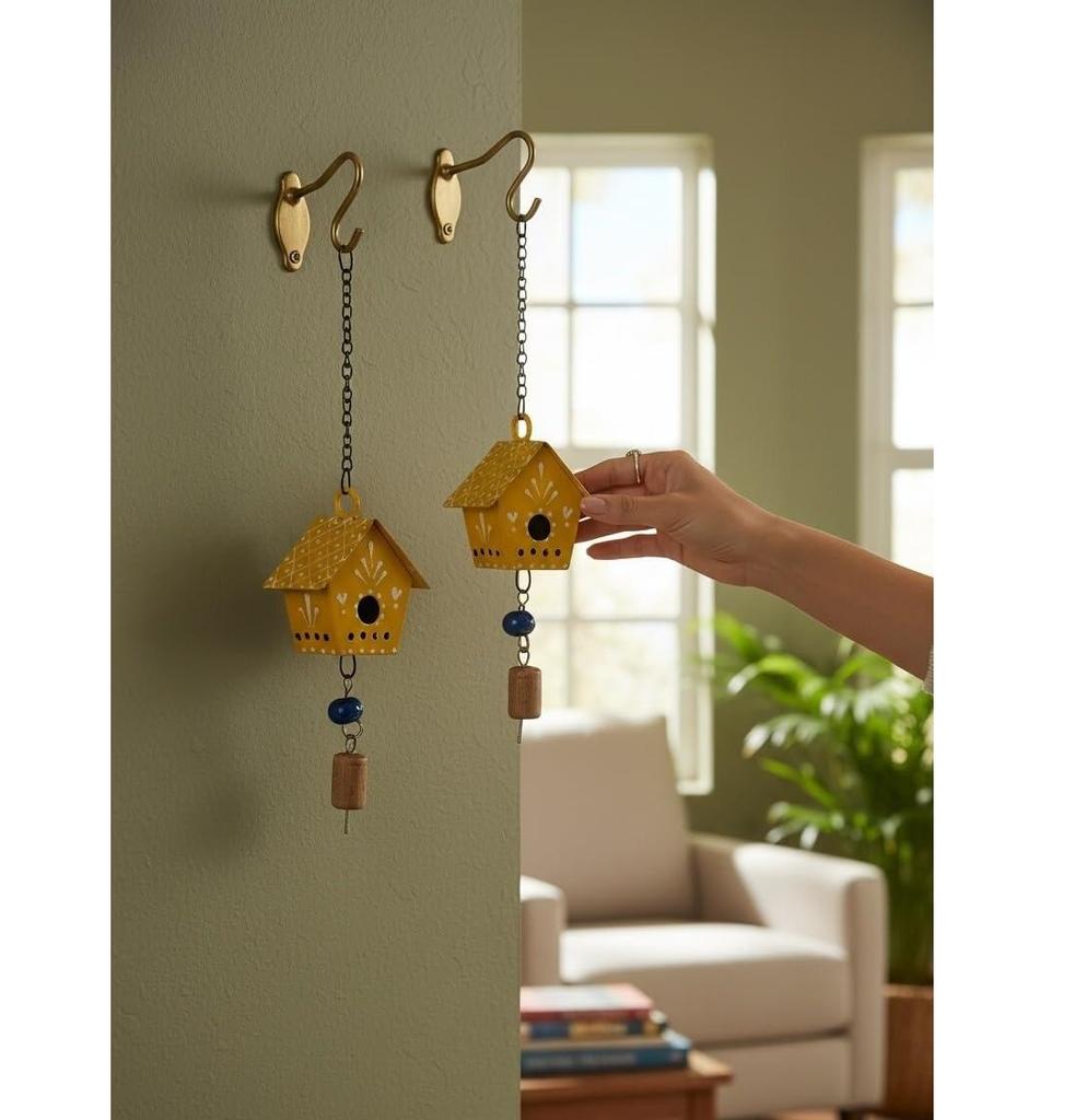 2 Pc Hut Wall Hanging Decor | Garden Tree Hanging Bells Decoration | Handpainted Hanging Ornaments for Home Living Room