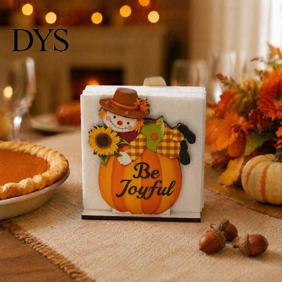 Decorative Tissue Storage for Countertop Thanksgiving Solid Wood Napkin Holder, Fall Harvest Gnome Scarecrow Turkey Table Decor Dispenser, Waterproof