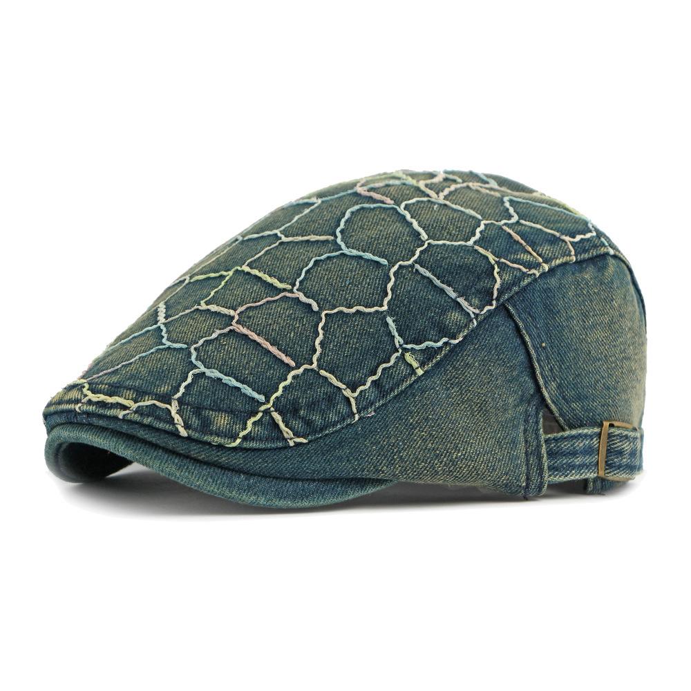 British Vintage Denim Peaked Cap Men Women Color Thread Embroidery Beret