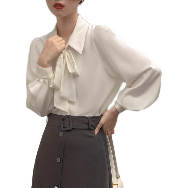 Comfortable and Versatile Lantern Sleeve Temperament Fall and Winter Bow Shirt White Blouse Female Long Sleeve Tie Design Sense Occupational Tops