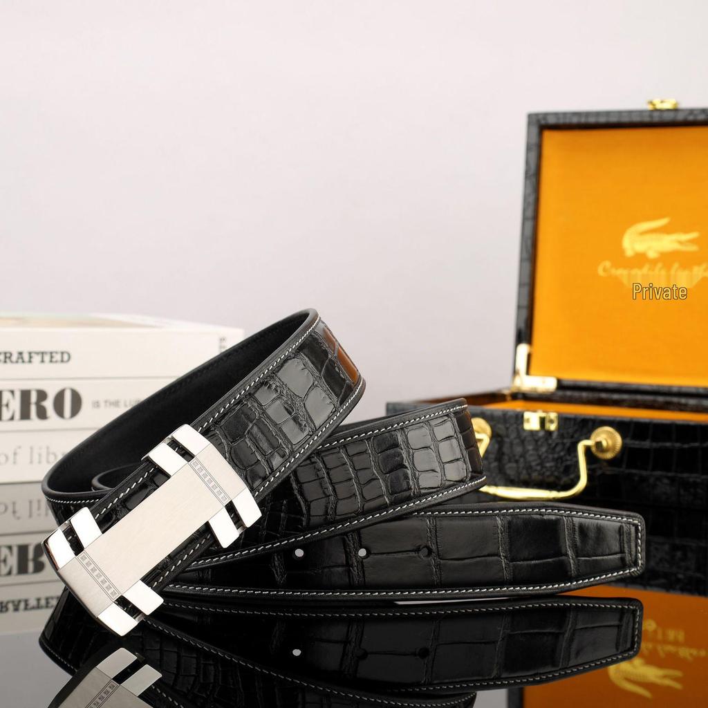 Men's Leather Belt with Crocodile Grain, 3.8 cm Wide Cowhide and Stainless Steel Smooth Plate Buckle