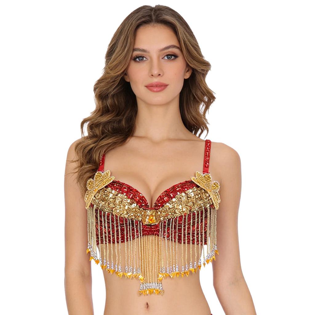 Womens Sparkly Sequins Belly Dance Tops Adjustable Straps Plastic Beaded Tassels Underwired Bra for Halloween Theme Party Stage Performance