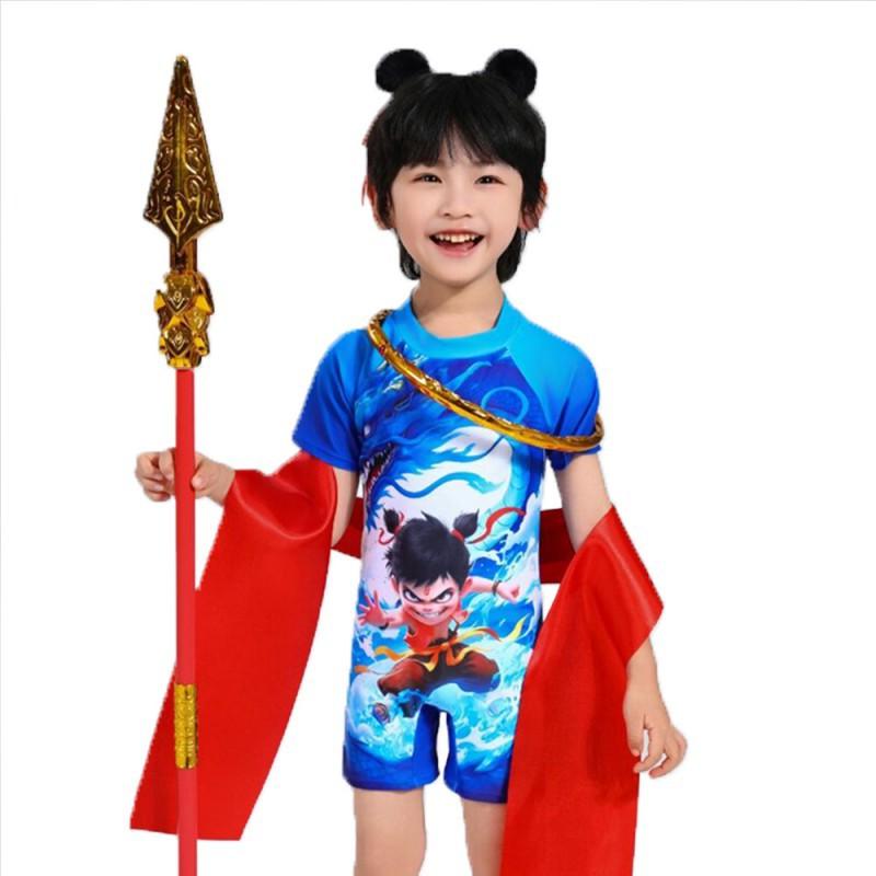 Children's Swimming Suit Boy's Cute Cartoon Nezha One-piece Short-sleeved Breathable Baby Hot Swimsuit