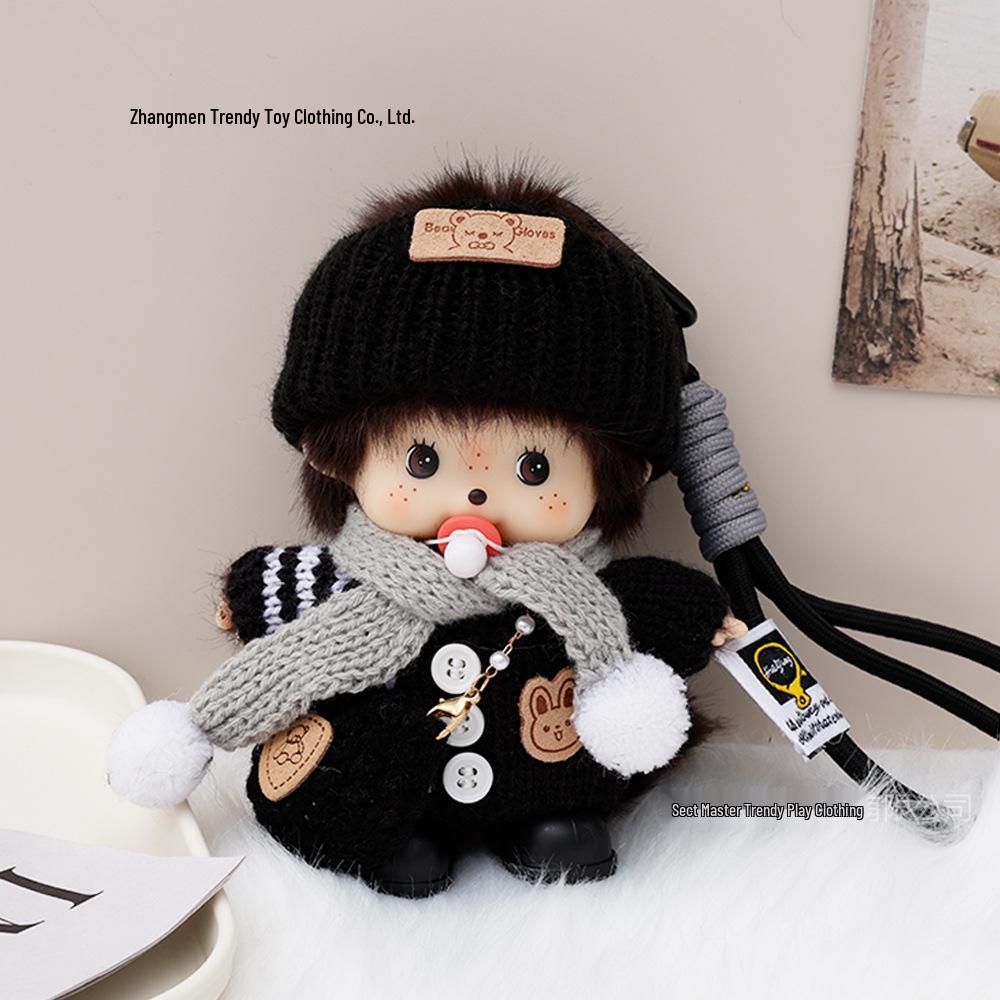 Мягкая плюшевая кукла-брелок Monchhichi в вязаной шапке и свитере Includes Woven Strap