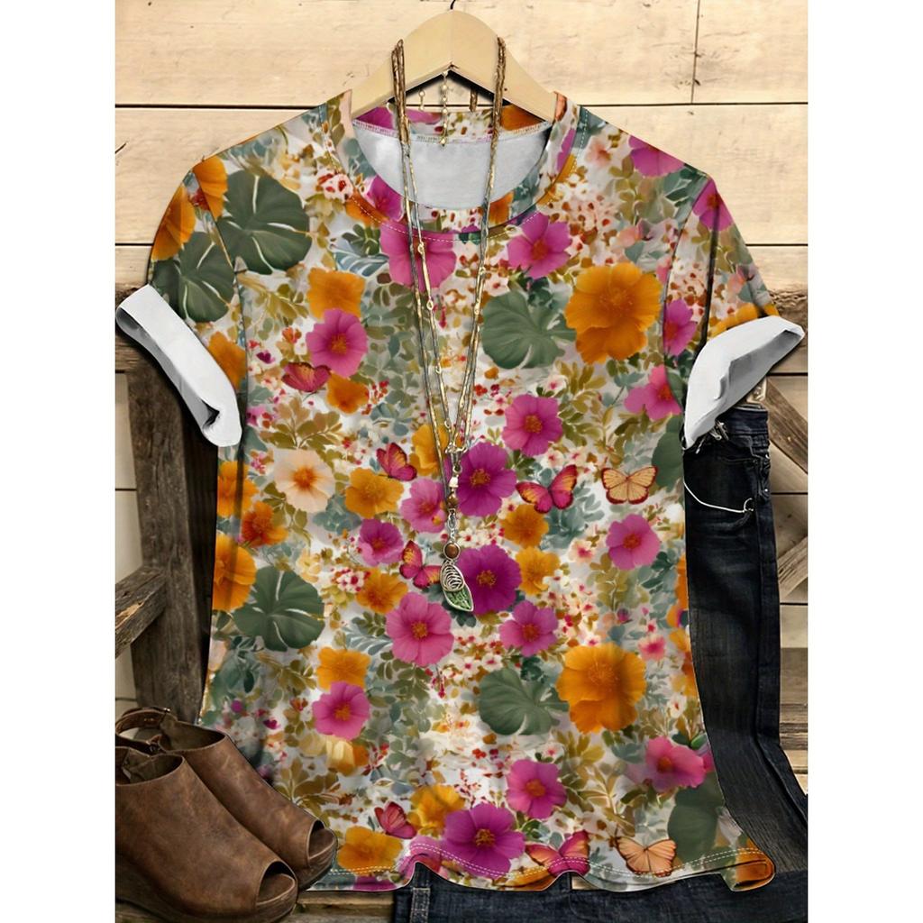Letní dámské tričko s kulatým výstřihem, 3D potiskem květinového vzoru, módní, ležérní, barevné, s krátkým rukávem