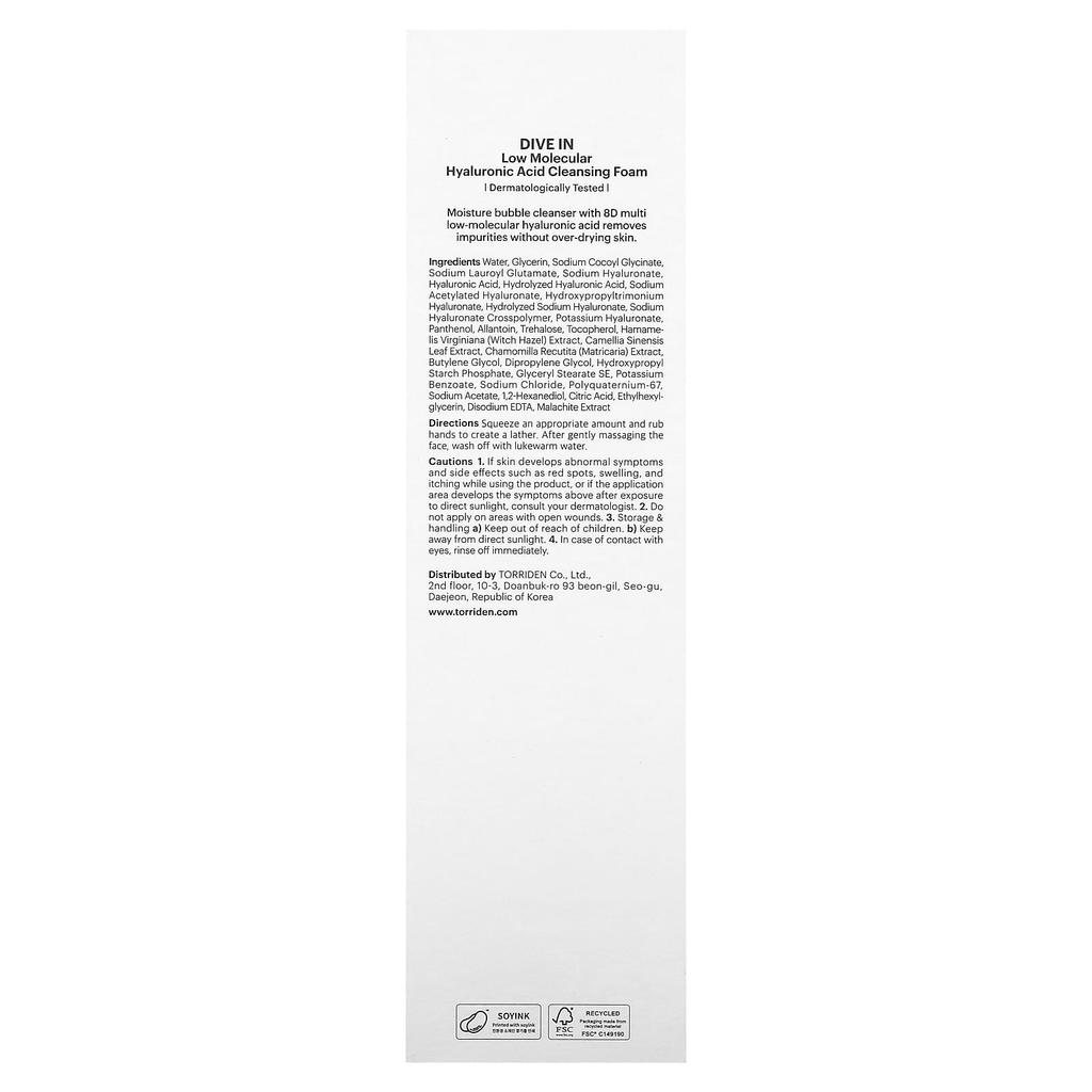 TORRIDEN Dive In, Reinigungsschaum mit niedrigmolekularer Hyaluronsäure, 5,07 fl oz (150 ml)