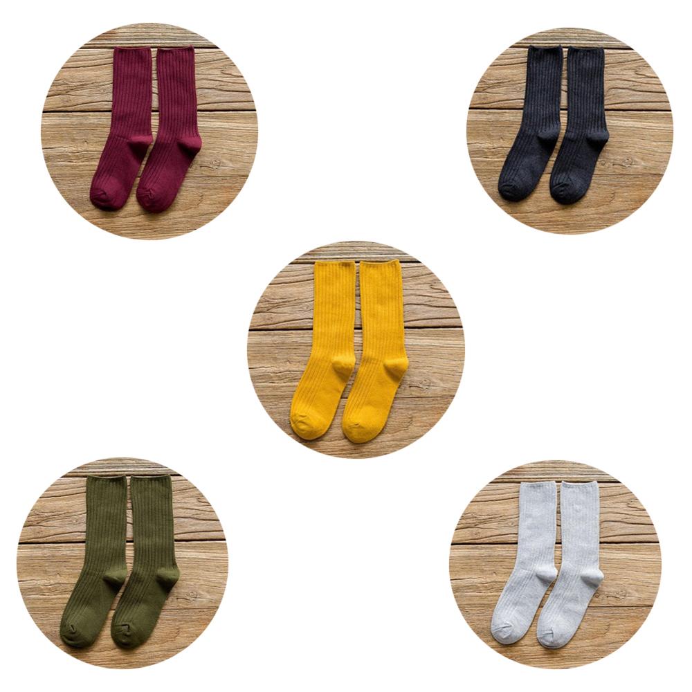 5 Pairs Solid Ribbed Crew Socks Women Mixed Color 4 Seasons Fit Loose Socks Set Daily Basic Sox