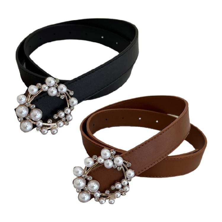 Luxurious Waist Belt with Pearl Circle Pin Buckle for Woman Jeans Skirt Decors