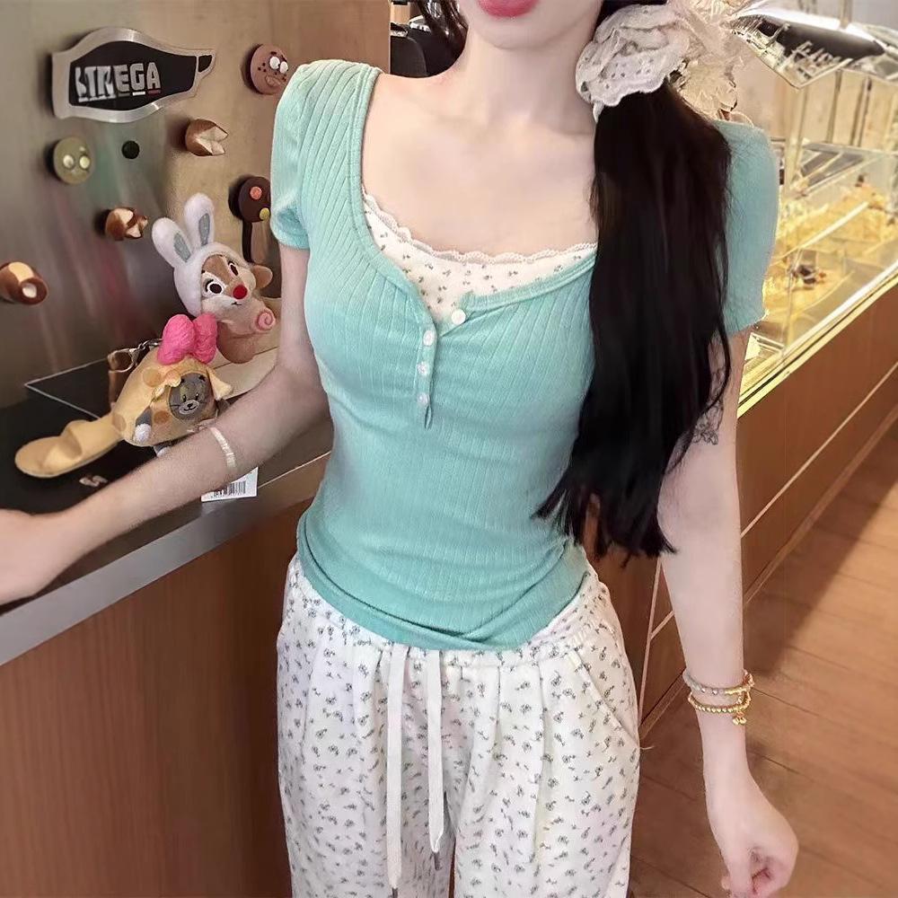 Korean Y2K Lace Faux Two-Piece Short Sleeve Women's Slim Top