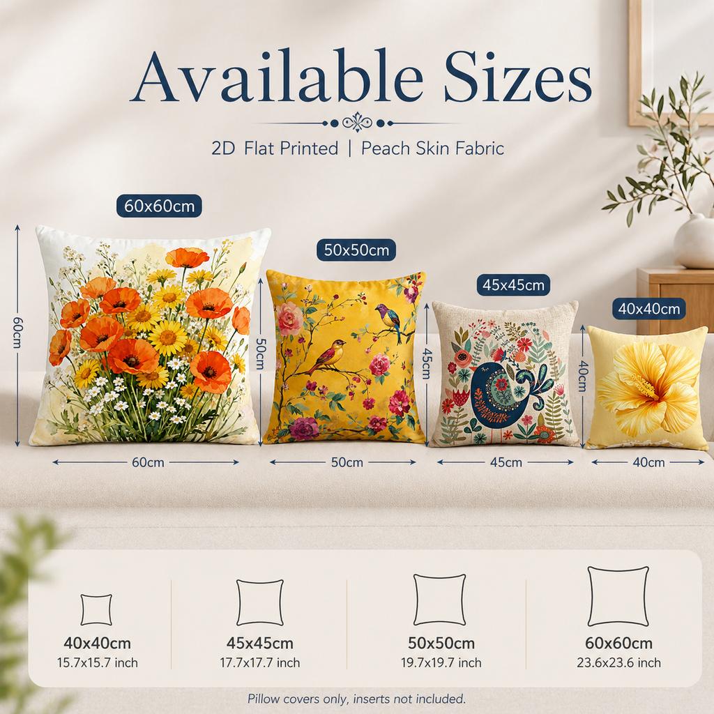 Folk Art Bird Floral Cushion Cover 2D Flat Printed Peach Skin Decorative Pillowcase For Living Room Sofa Home Decor 45X45Cm