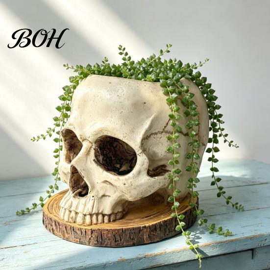 Skull Themed Art Halloween Retro Planter, Spooky Gothic Human Head Flower Pot, Indoor Potted Plant Pot Skeleton Candy Bowl Decoration for Tabletop