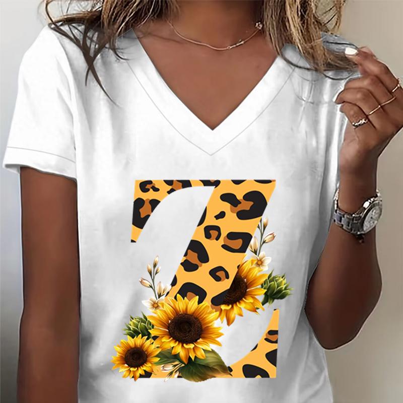 Unisexs Vneck Tshirt Sunflower Leopard Print Letter R Graphic Tee Watercolor Flower Leopard Print Tshirts Az 26 Alphabet Top