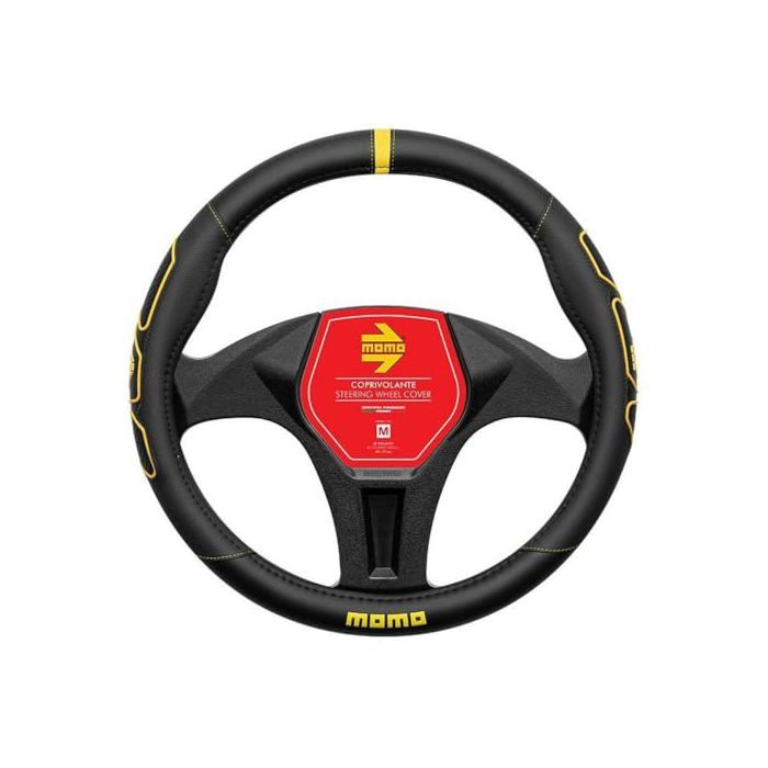 Couvre-volant PVC - Momo - 38-39 cm - Noir - Coutures jaunes - Compatible voiture - Antidérapant