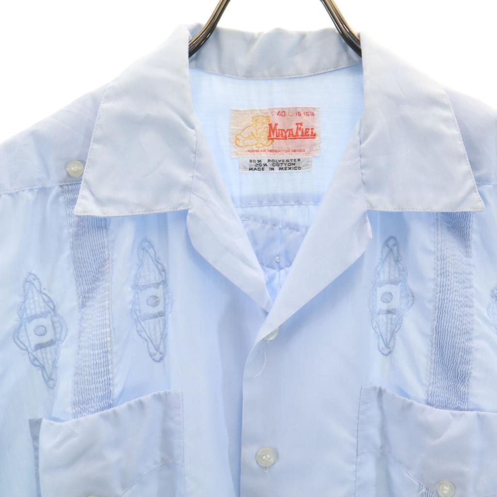 70s 80s Vintage Short Sleeve Open Color Cuban Shirt L Light Blue Men's Used