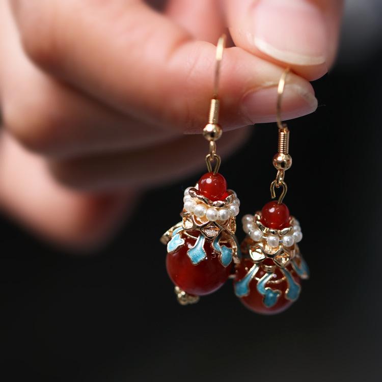 Ming & Song Style Red Agate Cloisonné Enamel Dangle Earrings - Original Chinese Design, Perfect for Ma Mian Skirt Accessories