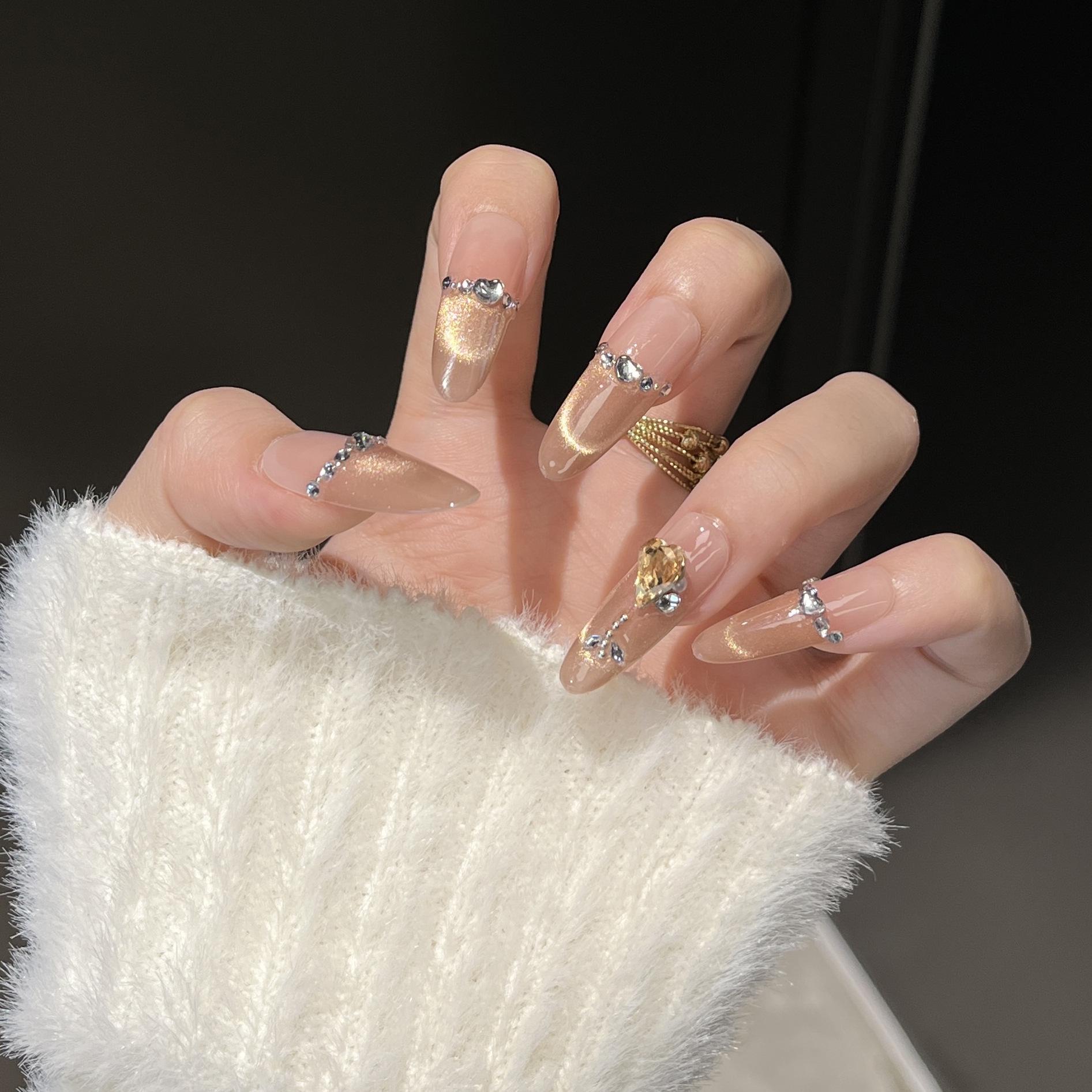 Handmade Gold Cat Eye French Manicure Whitening False Nails Stickers Bagged XS