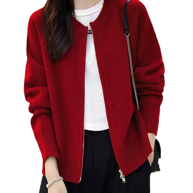 Women's Round Neck Double Zipper Thick Knit Cardigan Sweater, Loose Fit, Japanese Korean Casual Style