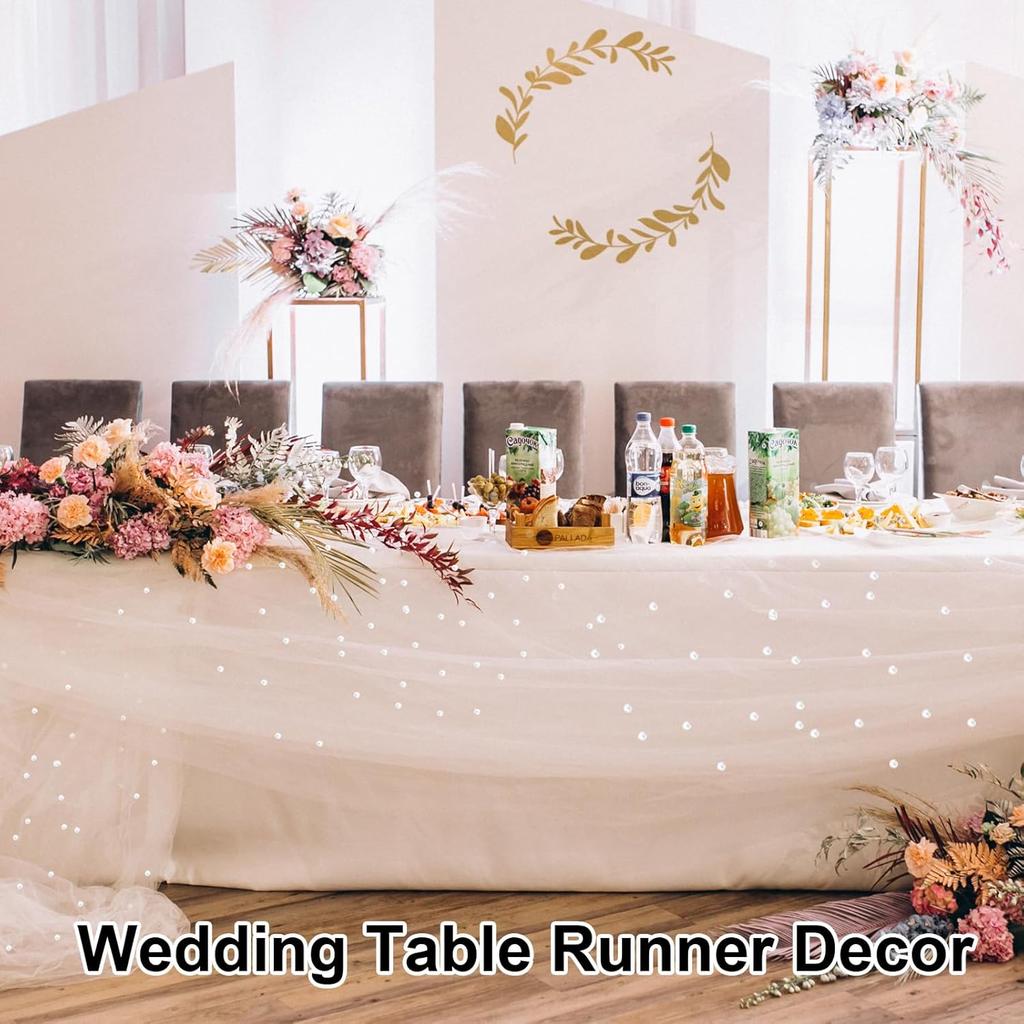 10 Ft Pearl Table Runner White Tulle Table Cloth Wedding Veil Valentine's Day Decor Sequin Lace Dessert Tablecloth Diamonds Party Decorations Doilies