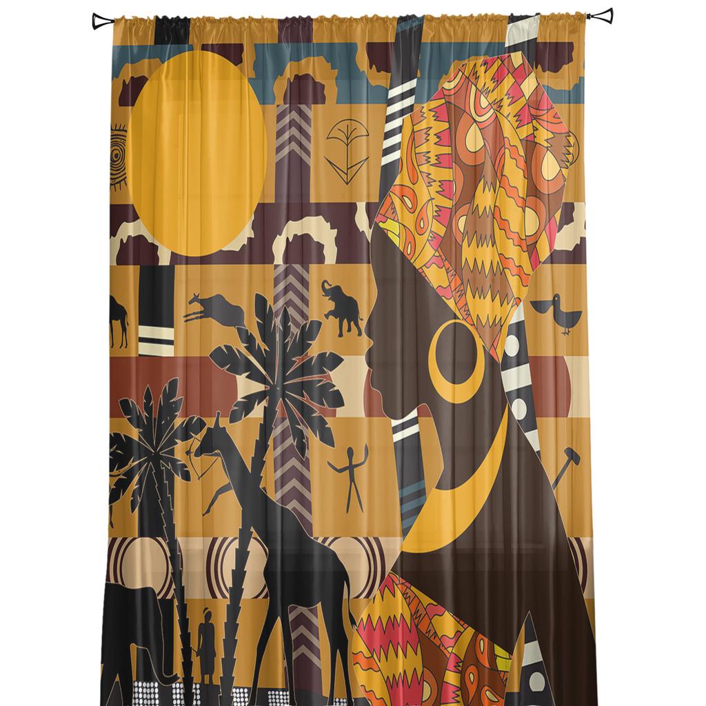 African Woman Female Elephant Giraffe Tulle Sheer Window Curtains for Living Room Kitchen Children Bedroom Voile Hanging Curtain