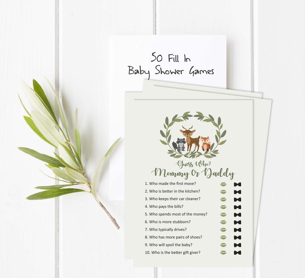 Inkdotpot Spiel „Mama oder Papa, wer hat es gesagt?“, geschlechtsneutral, Kranz und Tiere, 50er-Set, lustiges Babyparty-Spiel, Partyzubehör