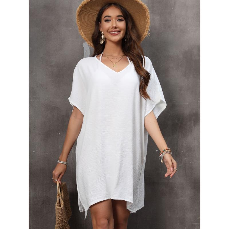 

Женское летнее V-образное вырезное новое пляжное свободное платье-бикини one size белый
