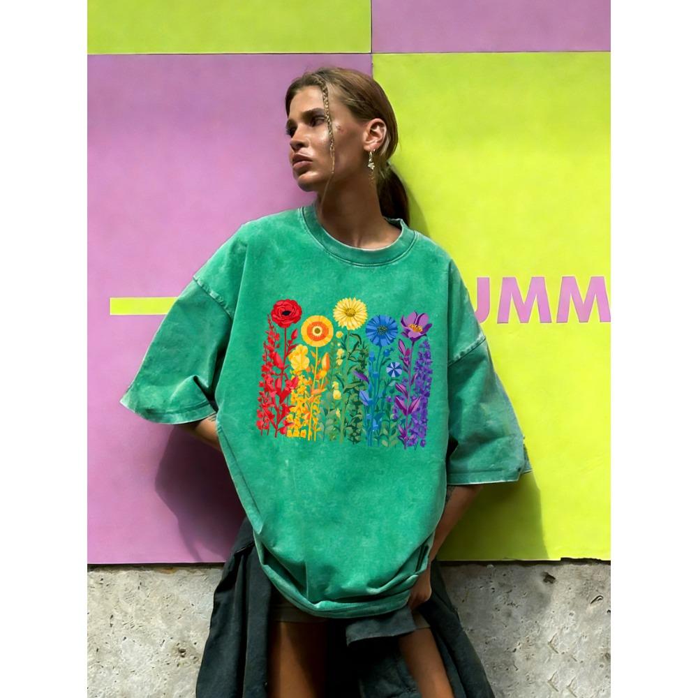 Ein lebendiger Blume des Lebens Druck Damen Washed T-Shirt Baumwolle Lässiges T-Shirt Locker Kurzarm Vintage Sommerkleidung