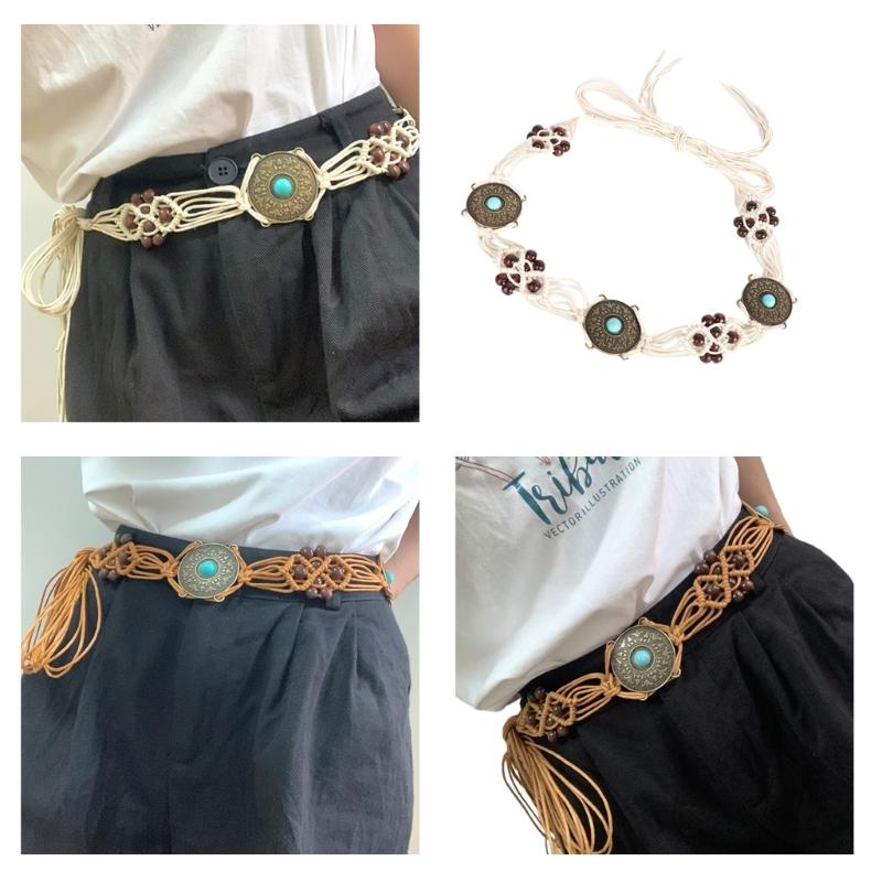Women Shirt Waist Belt Vintage Bohemian Adjustable Braided Waist Belt with Tassels Women Dress Shirt Wide Waist Belt
