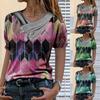 Women Tie-dye Printed Embroidery Collar Splicing Sleeve Pullover Blouse Tops