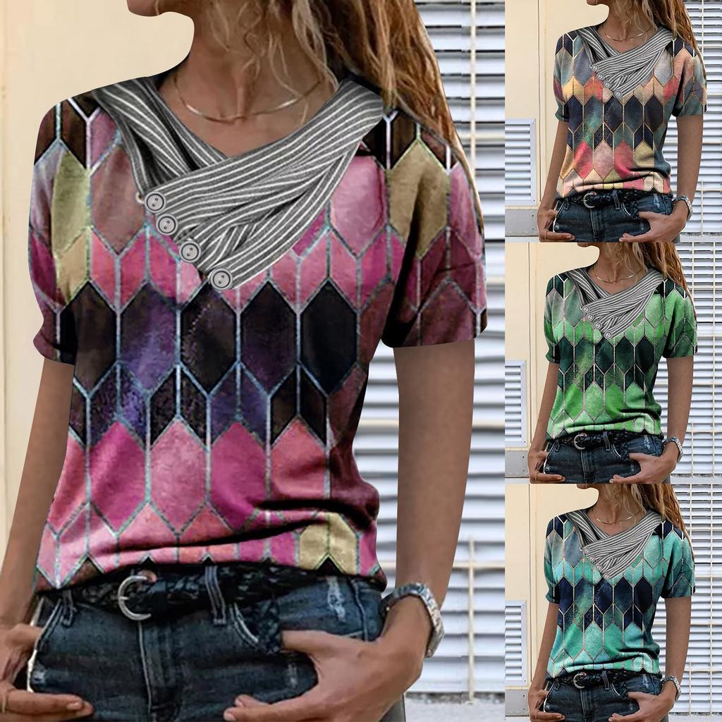 Women Tie-dye Printed Embroidery Collar Splicing Sleeve Pullover Blouse Tops