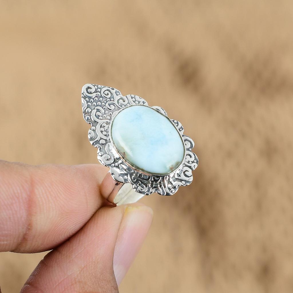 Oval Larimar Gemstone 925 Sterling Silver Throat Chakra Mother Boho Ring Jewelry