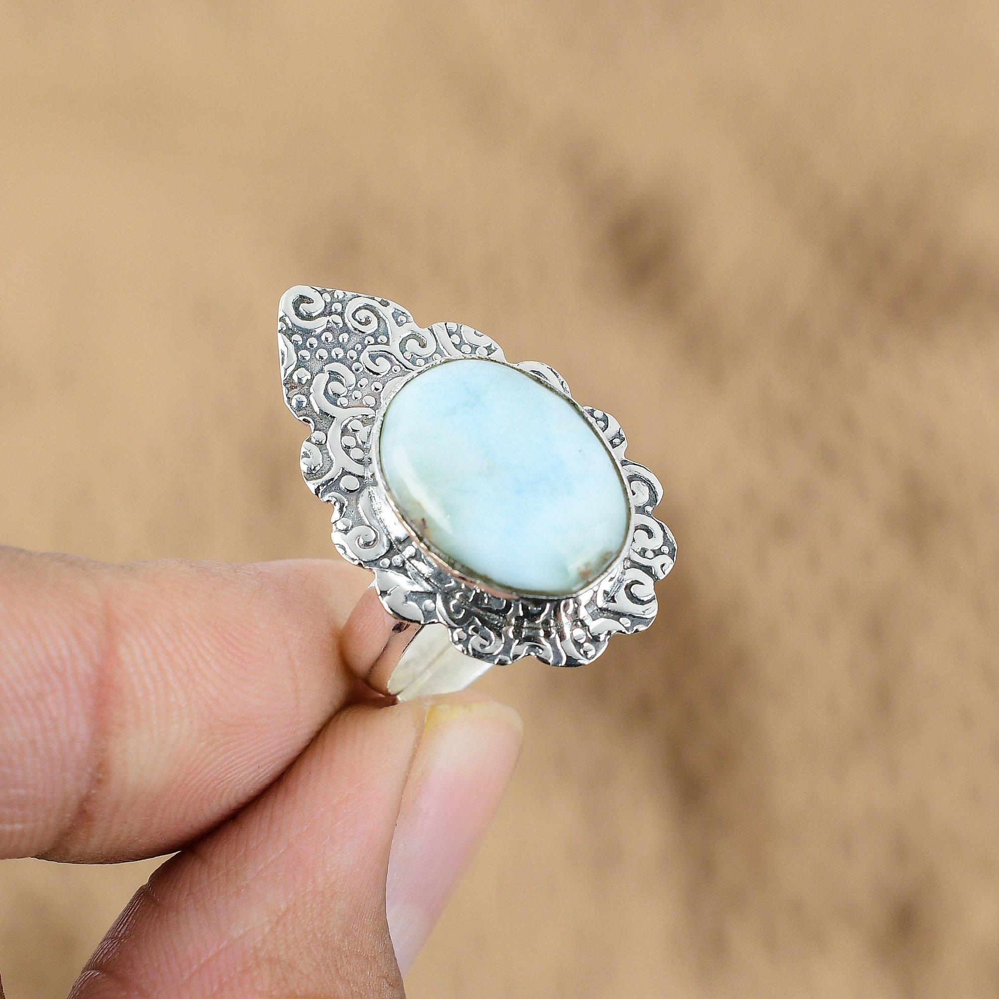 

Oval Larimar Gemstone 925 Sterling Silver Throat Chakra Mother Boho Ring Jewelry Yes