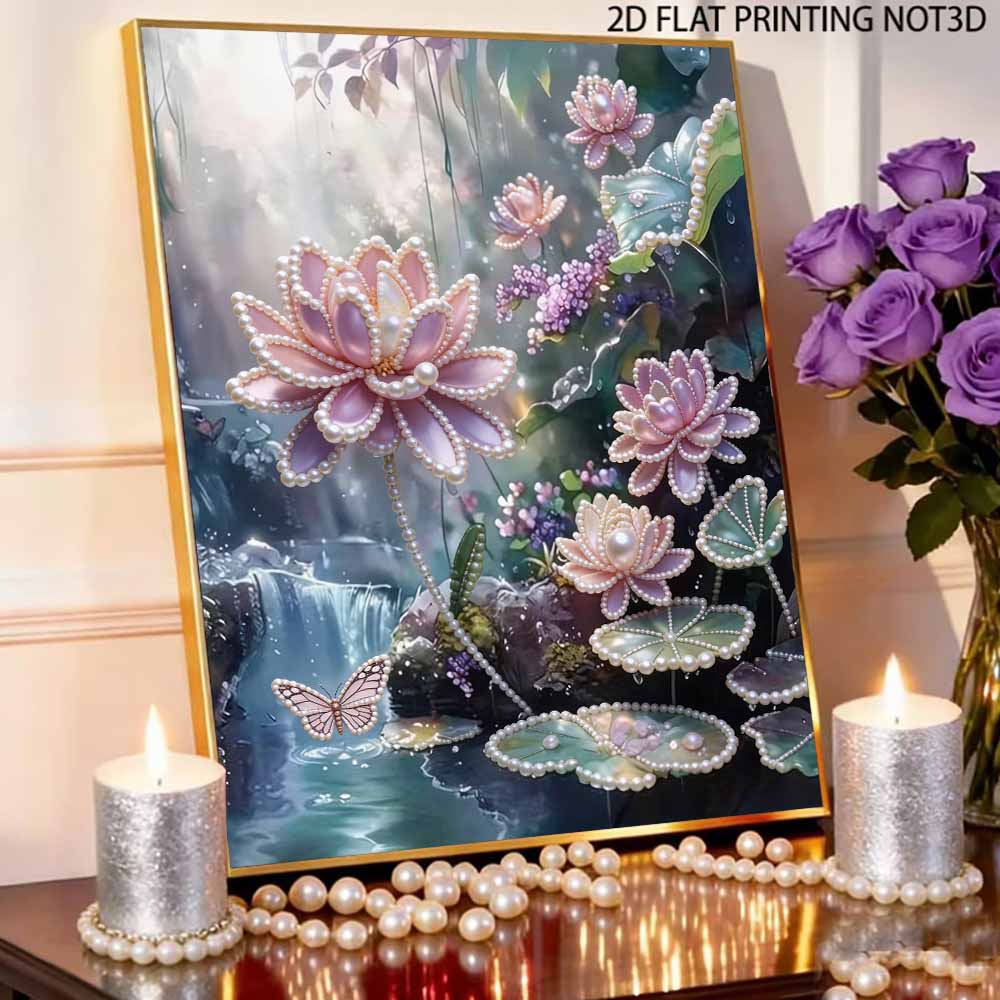 DIY 5D Lotus Pearl Art Kit No Frame Pearl Diamond Painting for Adults 30x40cm Floral Gem Art for Home Wall Decoration & Craft Gift