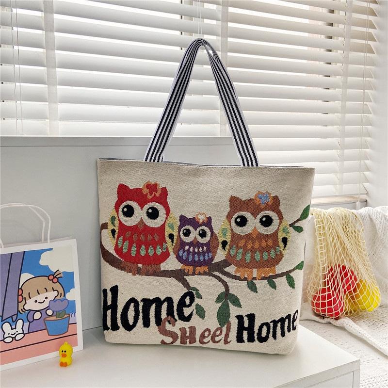 

New cartoon embroidery casual tote big bag handbag owl embroidery bag shopping bag