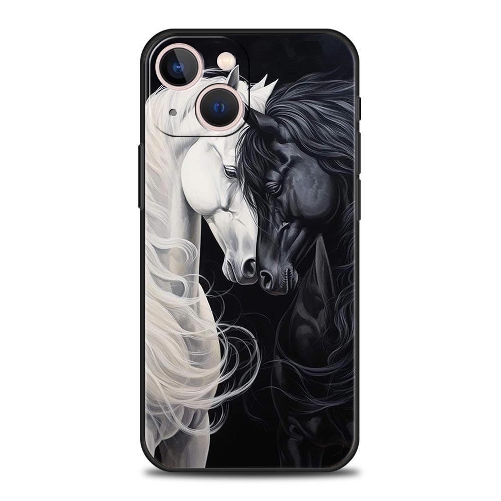 Black White Horses Galloping Phone Case For iPhone 16e 15 14 13 12 11 Pro Max XS X XR SE 7 8 Plus Shell iPhone 16 Soft TPU Cover