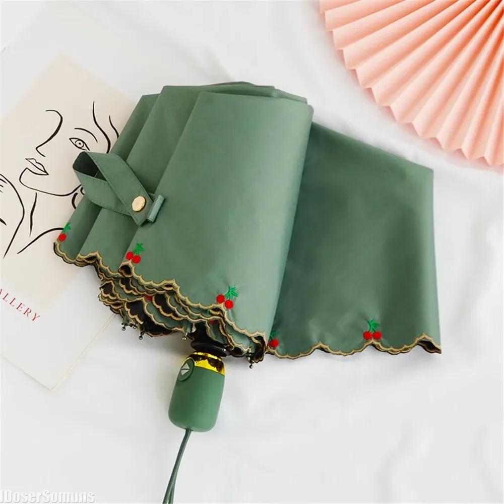 Embroidered Lace Three-Folding Automatic Umbrella Vinyl UV Protection Sunny and Rainy Dual Use Parasol Sun Shade Umbrella