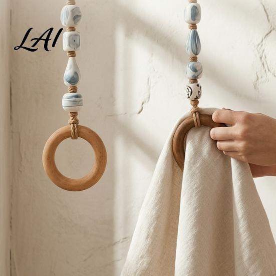 Versatile Towel Rack for Entryway Beaded Hanger with Wooden Ring Farmhouse Rustic Hand Holder Vintage Wall Mounted Storage Decorative Loop Bathroom