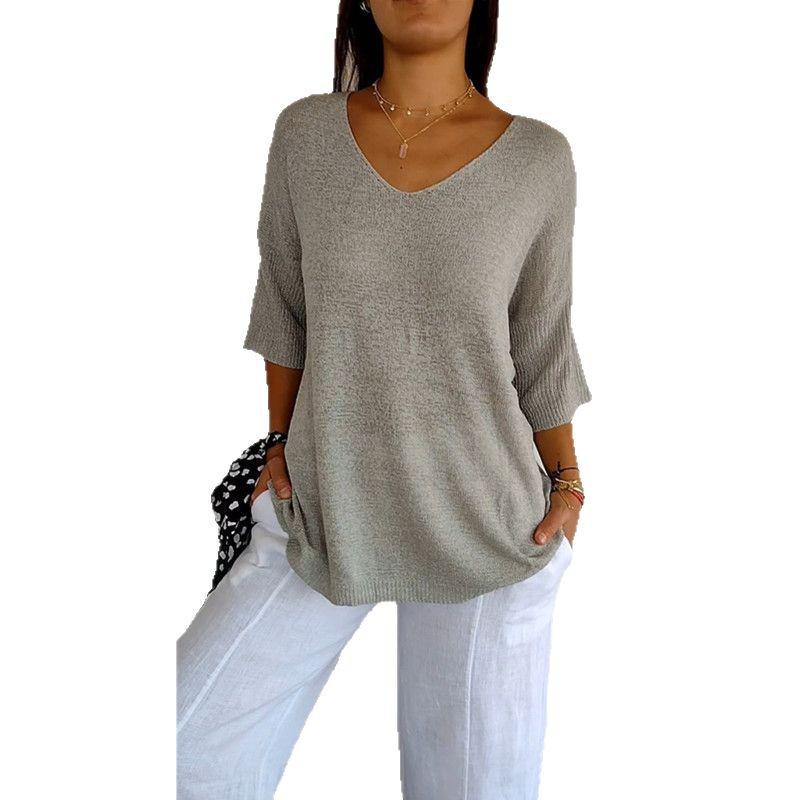 Dames ensfarget V-hals 3/4 erme slankende strikket genser