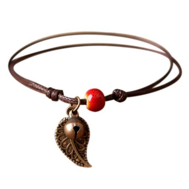 Vintage Nature-Inspired Ceramic Bead Bracelet with Leaf Pendant for Couples