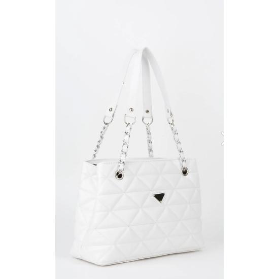 Weiße, gesteppte Handtasche und Umhängetasche aus Leder mit 3 Fächern, Reißverschluss und Kettenriemen, gefüttert