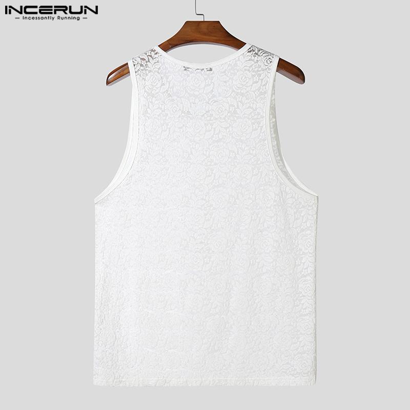 INCERUN Summer Men Sleeveless Lace See Through Mesh Sheer Loose Tank Tops