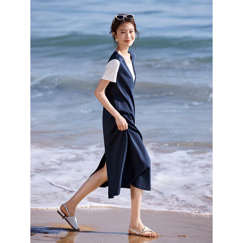 Mohan Yimei Women's Lyocell Blend Faux Two-Piece V-Neck Dress