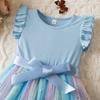Mädchen Mode Flatterärmel Süßes Farbverlauf Mesh Prinzessinenkleid Kinder Geburtstags Kleider Kleider