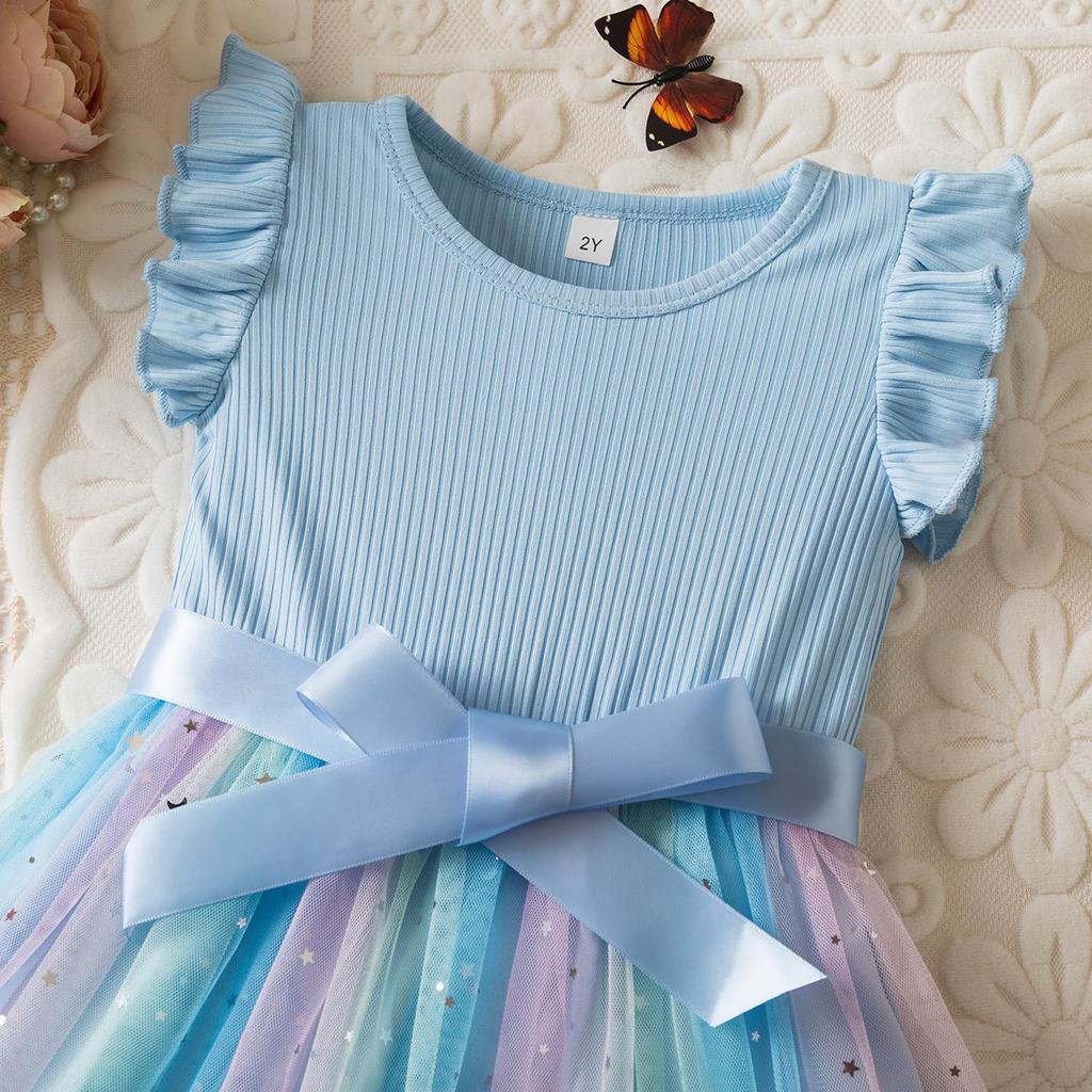 Mädchen Mode Flatterärmel Süßes Farbverlauf Mesh Prinzessinenkleid Kinder Geburtstags Kleider Kleider
